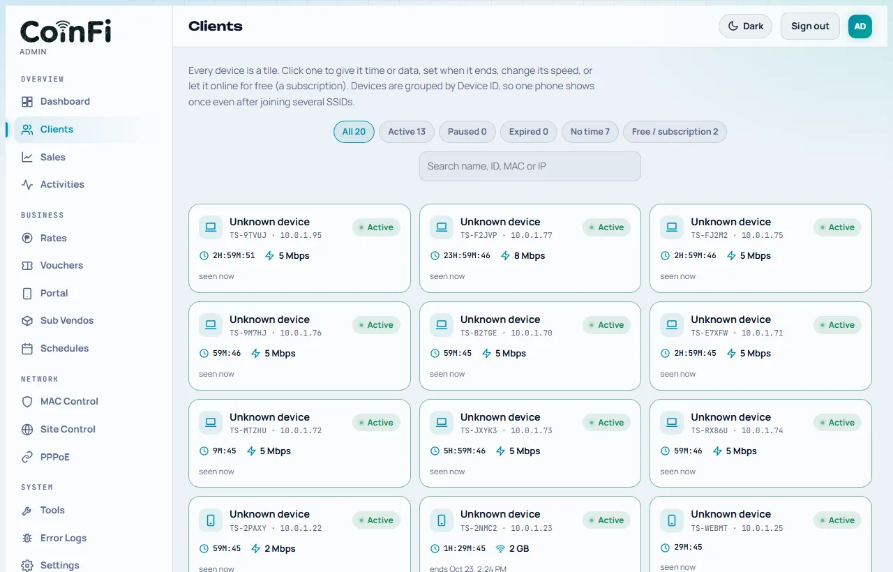 Client tiles with time, speed and status