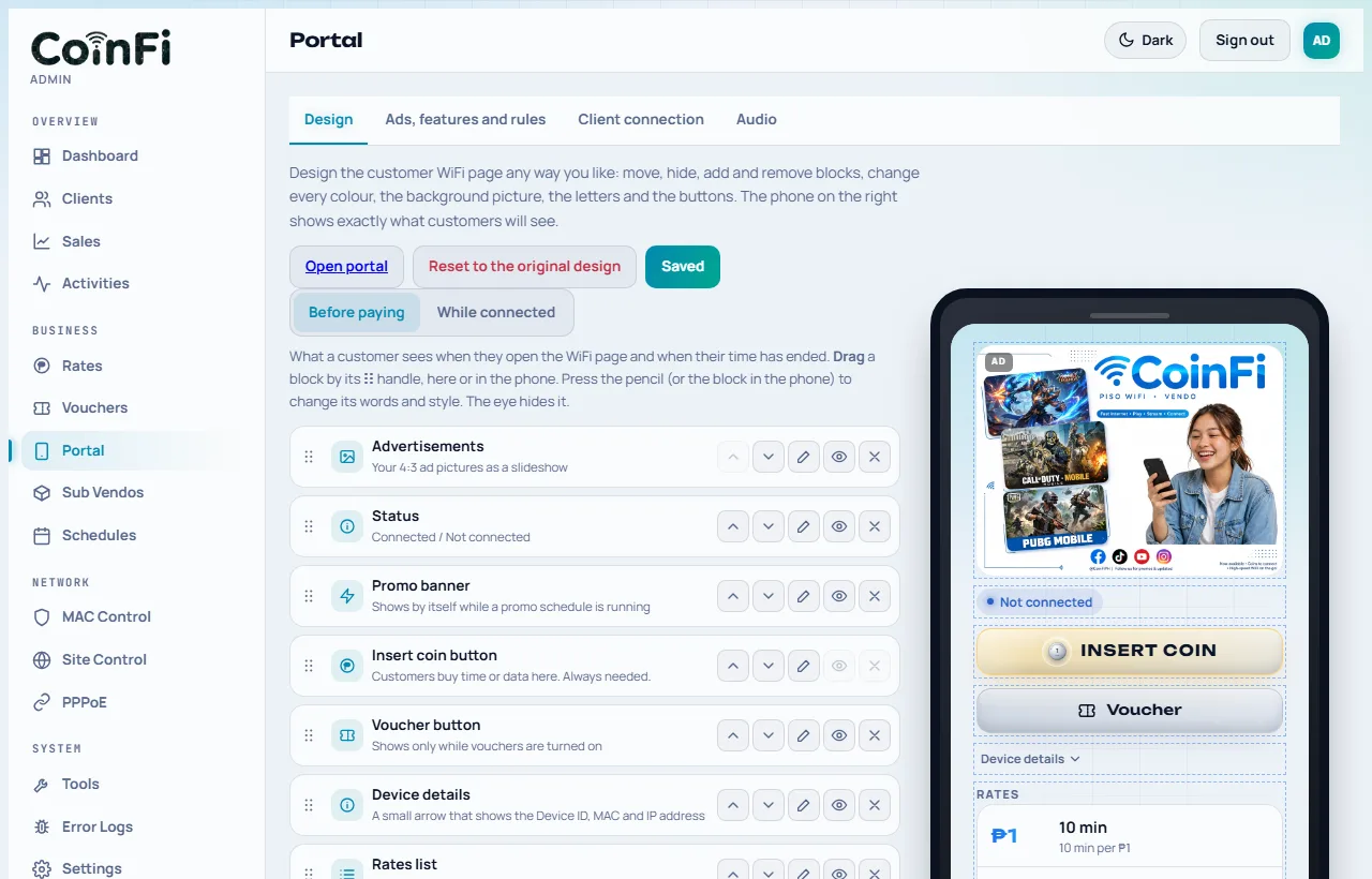 The Portal designer with a live phone preview