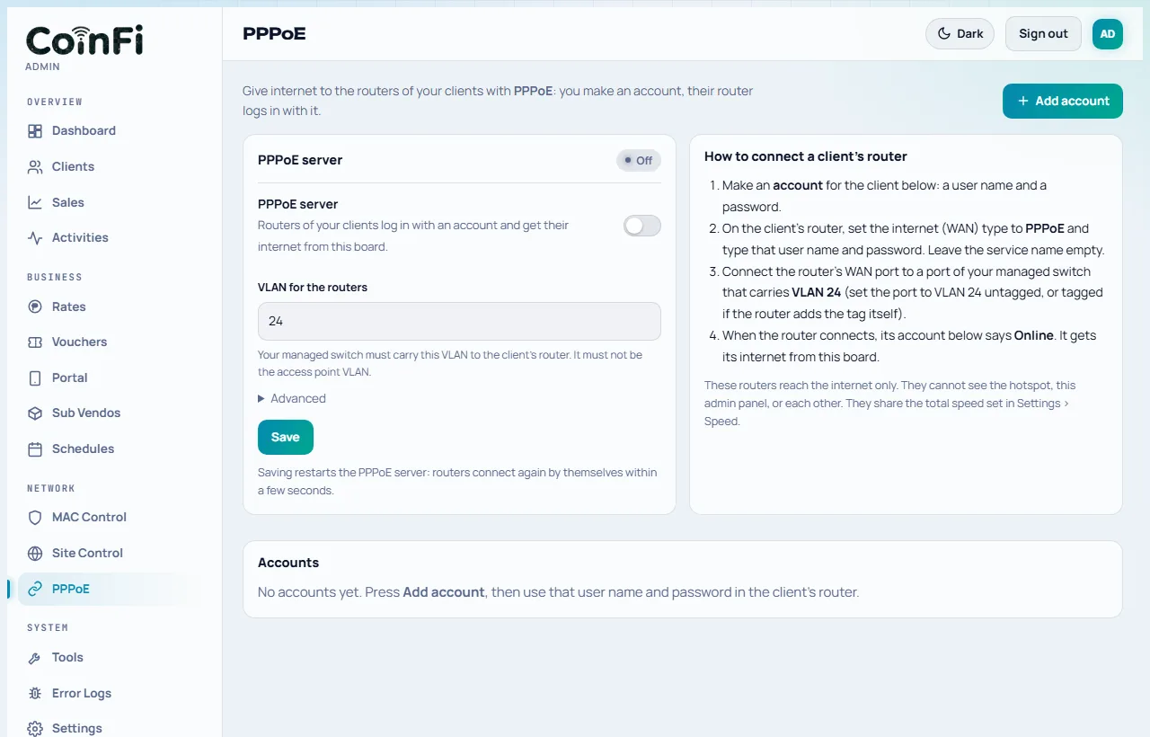 The PPPoE page with accounts and online routers