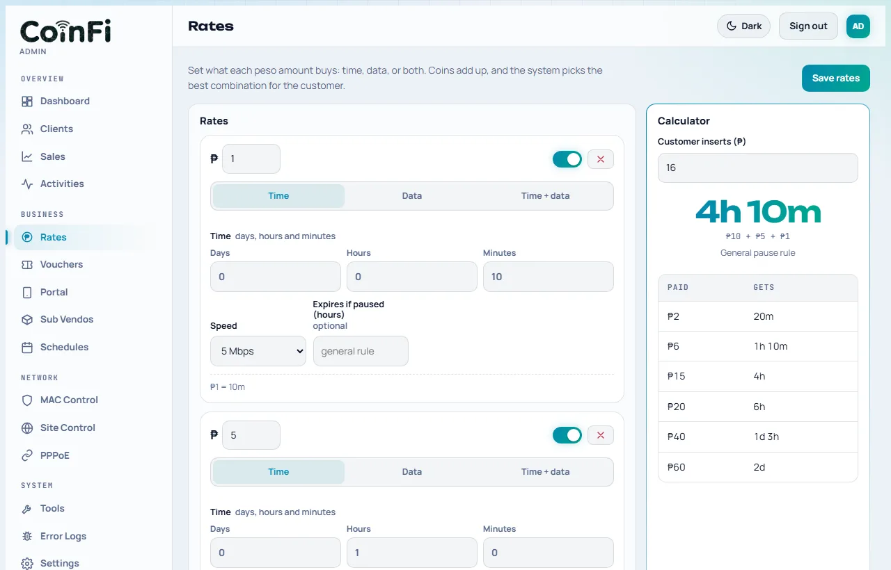 The Rates page of the CoinFi admin panel