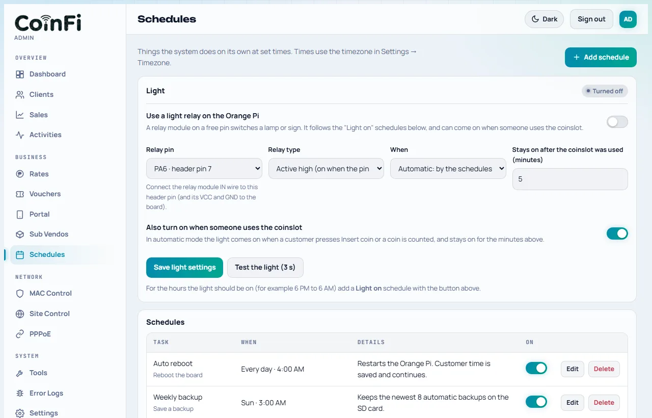 The Schedules page