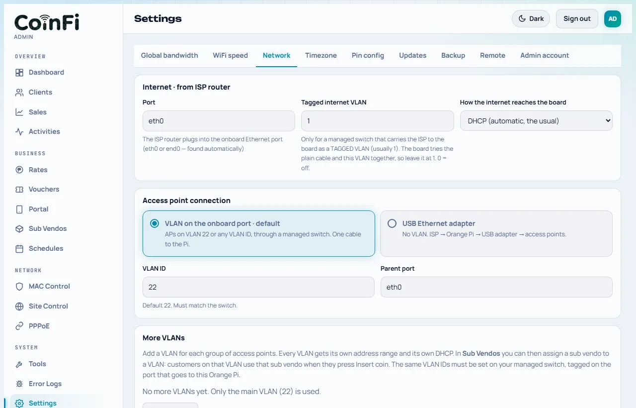 Network and bandwidth settings