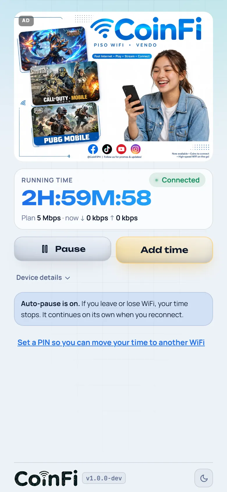 The customer screen on a phone: running time, Pause and Add time